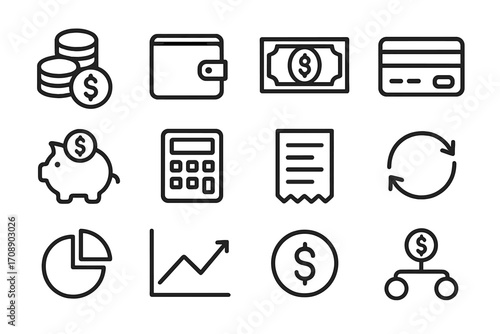 Finance linear icon set. featuring money, wallet, cash, credit card, piggy bank, calculator, receipt symbols