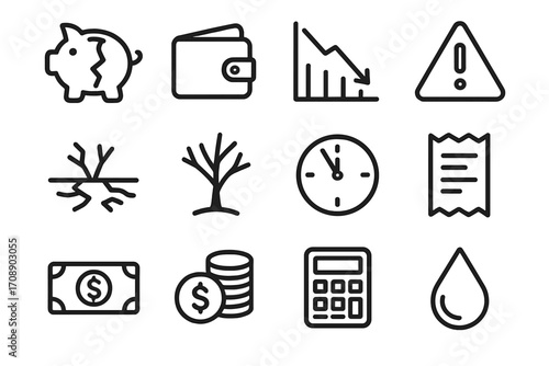 Financial crisis silhouette icon set. featuring piggy bank, wallet, graph, warning, crack, tree, clock, bill, money, calculator, drop symbols