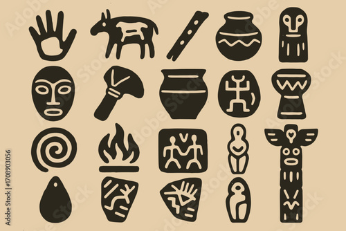Ancient artifacts silhouette icons set. featuring handprint, pottery, totem, and animal symbols