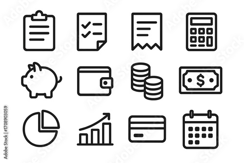 Finance and business linear icon set. featuring checklist, audit, receipt, calculator, piggy bank, wallet, coins, cash