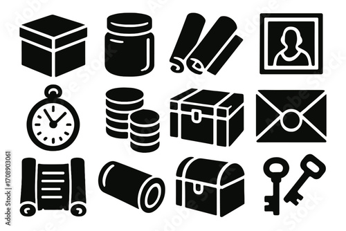 Treasure hunt silhouette icon set. featuring chest, map, compass, coin, scroll, key, and envelope symbols