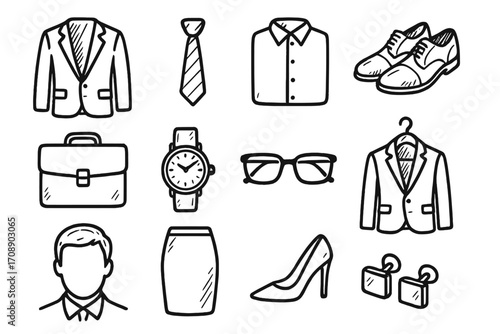 Fashion linear icon set. featuring suit, tie, shirt, shoes, briefcase, watch, glasses, skirt, heels, earrings symbols