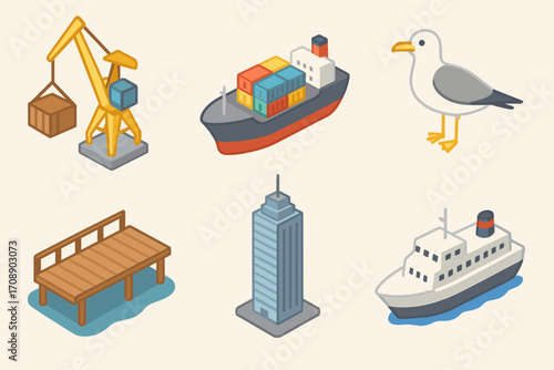 Harbor flat icon set. shipping crane, cargo ship, seagull, pier, skyscraper, ferry.