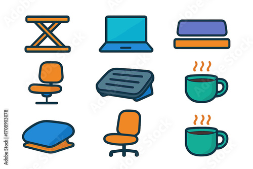Office essentials icon set in flat style. featuring desk, laptop, printer, chair, footrest, mug symbols