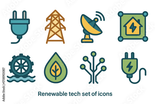 Renewable tech silhouette icon set. featuring plug, tower, satellite, house, turbine, leaf, circuit