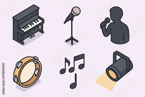 Music instruments isometric icon set. featuring piano, microphone, singer, tambourine, musical notes, and spotlight