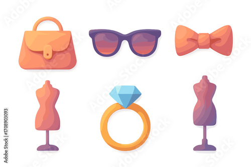 Fashion accessories silhouette icon set. featuring purse, glasses, bow tie, mannequin, ring