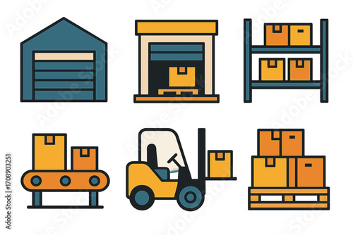 Warehouse and logistics flat icon set. featuring warehouse, forklift, shelves, conveyor, and package symbols