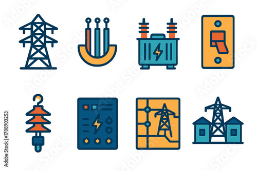 Energy and electricity flat icon set. featuring pylon, circuit, transformer, switch, insulator, and grid symbols