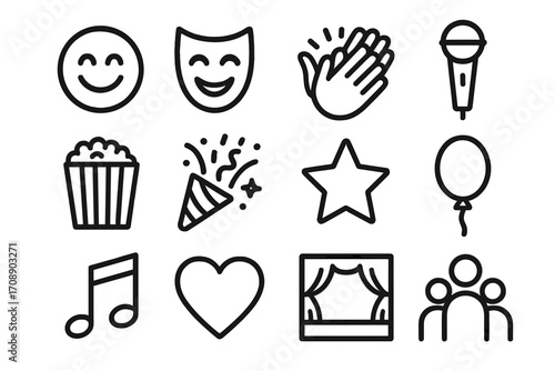 Entertainment and performance linear icons set. featuring smiley face, comedy mask, clapping hands, and microphone