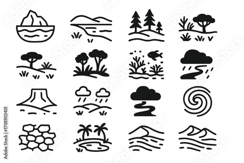 Nature landscape silhouette icon set. featuring mountain, river, forest, tree, island, rain, and desert symbols