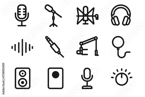 Music and audio flat icon set. featuring microphone, headphones, sound wave, speaker, and music note symbols