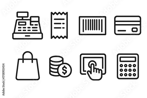 Retail and shopping silhouette icon set. featuring cash register, receipt, barcode, credit card, bag, money, touch screen, and calculator