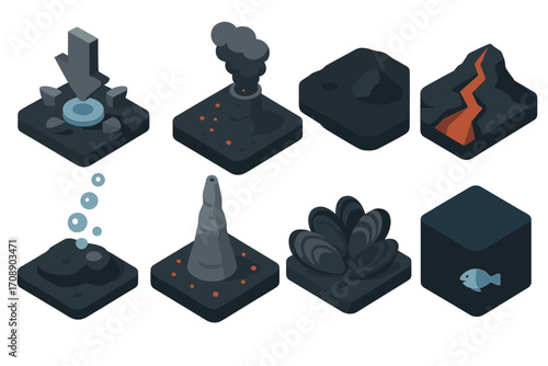Ecology isometric icon set. featuring volcano, geyser, rock, vent, fault, and abyssal ecosystem symbols