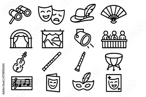 Theater linear icon set. featuring binoculars, masks, hat, fan, curtain, stage, spotlight, audience, violin, flute, drum, sheet music, program, mask