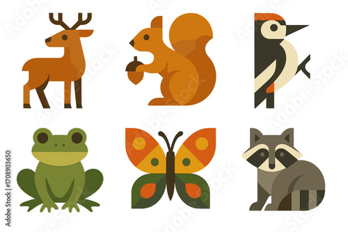 Woodland animals flat icon set. featuring deer, squirrel, woodpecker, frog, butterfly, raccoon