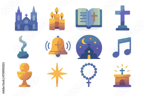 Religious symbols silhouette icon set. featuring church, candles, bible, cross, incense, bell, chapel, music note, chalice, star, rosary