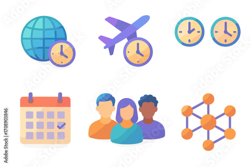 Business and communication flat icon set. featuring globe, airplane, clock, calendar, group, network symbols