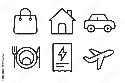 Travel and lifestyle linear icon set. featuring bag, home, car, dining, bill, and airplane symbols