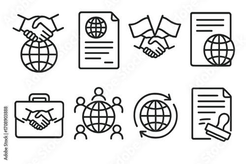 Business and global communication linear icon set. featuring agreement, document, globe, teamwork, and briefcase symbols