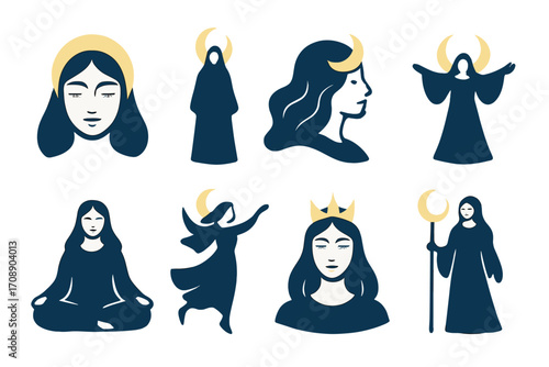 Mystical figures silhouette icon set. featuring goddess, meditation, angel, and celestial symbols