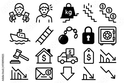 Economy and finance linear icon set. featuring inflation, debt, interest rates, taxes, and market trends symbols