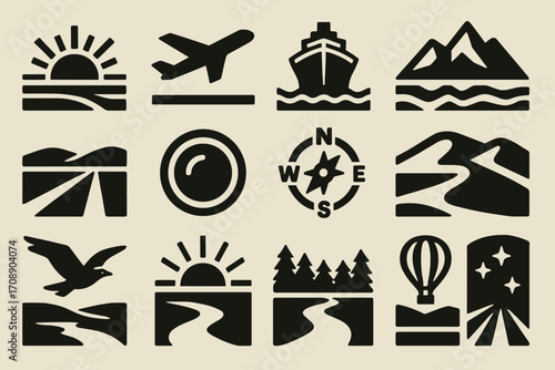 Travel and nature silhouette icon set. featuring sunrise, plane, ship, mountain, compass, bird, and hot air balloon