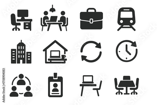 Office and commute silhouette icons set. featuring desk, meeting, briefcase, train, building, house, sync, clock, team, badge