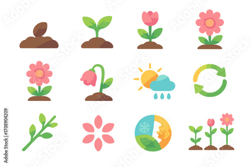 Gardening flat icon set. featuring seedling, sprout, tulip, blossom, sun, rain, cycle, growth, seasons