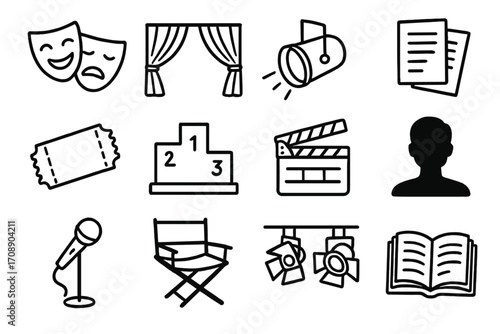 Theater linear icon set. featuring masks, curtains, spotlight, script, ticket, podium, clapperboard, profile, microphone, director's chair, stage lights, book symbols