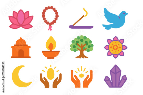 Spiritual silhouette icon set. featuring lotus, incense, dove, temple, lamp, tree, mandala, moon, egg, hands, crystal