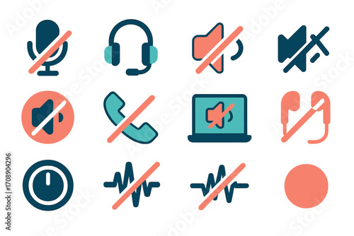 Audio control silhouette icon set. featuring microphone, headset, speaker, mute, call, power, and volume symbols