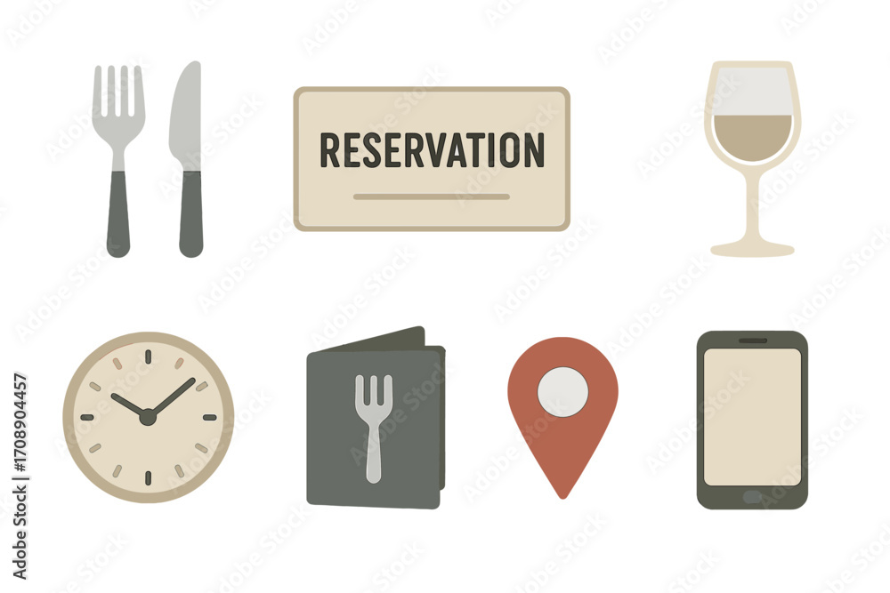 Fototapeta premium Restaurant linear icon set. featuring reservation, wine glass, cutlery, clock, menu, location, and smartphone symbols