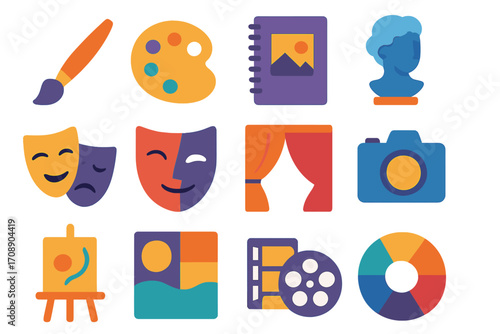 Art and creativity flat icon set. featuring painting, theater, photography, and sculpture symbols