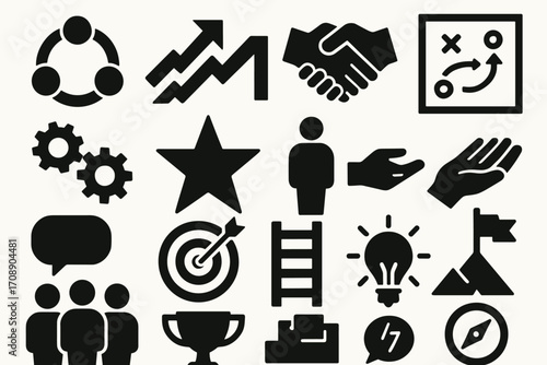 Business strategy silhouette icon set. featuring growth, collaboration, strategy, success, and innovation symbols