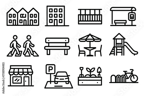 Urban linear icons set. featuring housing, office, balcony, bus stop, pedestrian, bench, cafe, playground