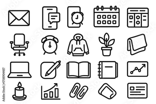 Office essentials linear icon set. featuring email, chat, calendar, chair, clock, notebook, and chart symbols