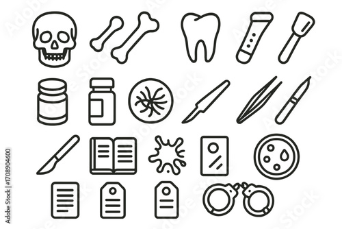 Forensic tools linear icon set. featuring skull, bone, tooth, vial, brush, jar, fingerprint, scalpel, tweezers