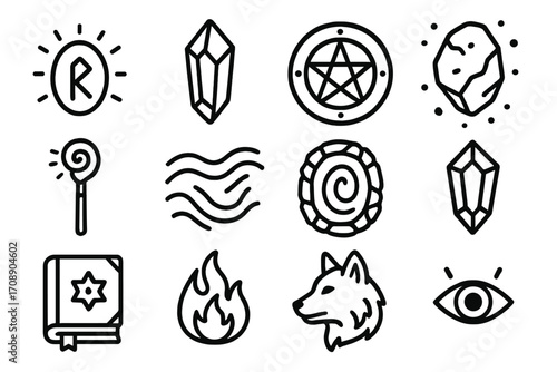Magic and myth linear icons set. featuring rune, crystal, pentagram, gem, wand, waves, and wolf symbols.