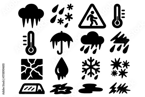 Weather silhouette icon set. featuring cloud, rain, snowflake, umbrella, temperature, lightning, and ice symbols