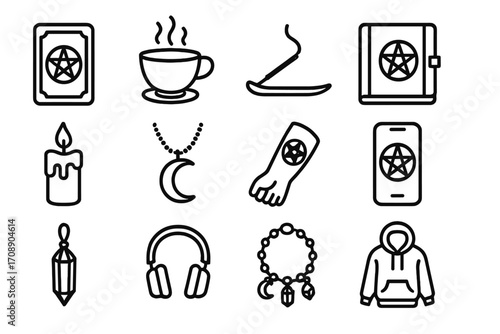 Witchcraft tools linear icons set. featuring tarot, tea, incense, book, candle, moon, potion symbols