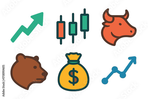 Finance silhouette icons set. featuring bull, bear, dollar, chart, and graph symbols