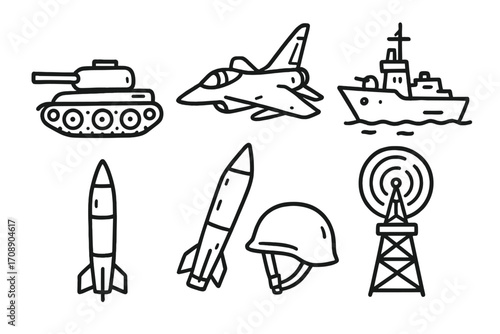 Military equipment linear icon set. featuring tank, aircraft, ship, rocket, missile, helmet, and radar