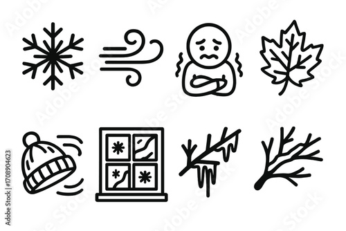 Winter elements linear icon set. featuring snowflake, wind, cold person, leaf, hat, window, branches, icicles