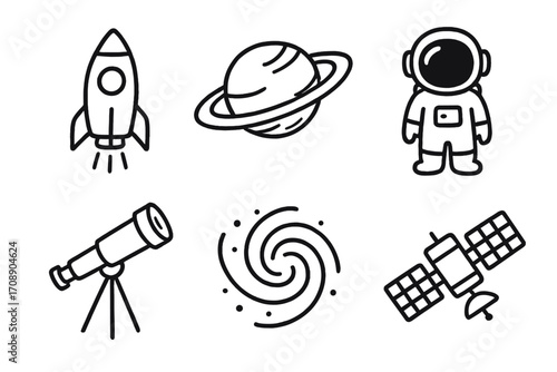 Space exploration linear icon set. featuring rocket, planet, astronaut, telescope, galaxy, and satellite
