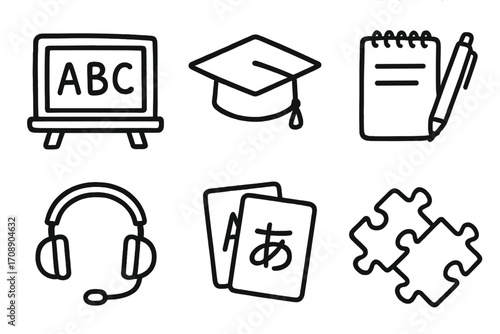 Education linear icons set. featuring alphabet board, graduation cap, notepad, headset, language cards, puzzle