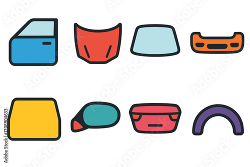 Car parts flat icon set. featuring door, hood, windshield, bumper, window, mirror, trunk, fender