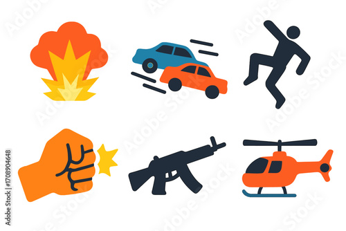Action silhouette icon set. featuring explosion, cars, person, fist, rifle, and helicopter symbols