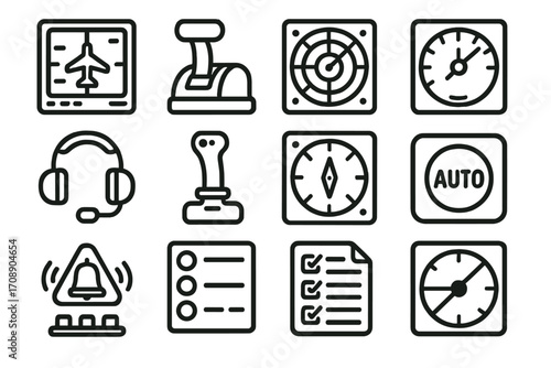 Cockpit instruments linear icon set. featuring radar, joystick, compass, autopilot, and checklist symbols