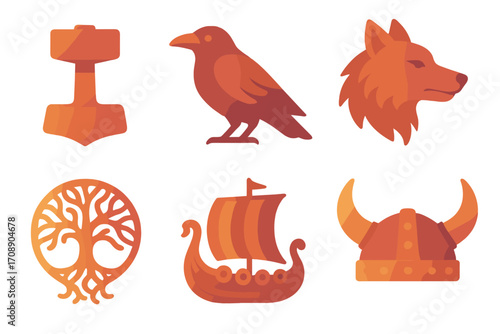 Viking silhouettes icon set. featuring hammer, raven, wolf, tree, ship, and helmet symbols